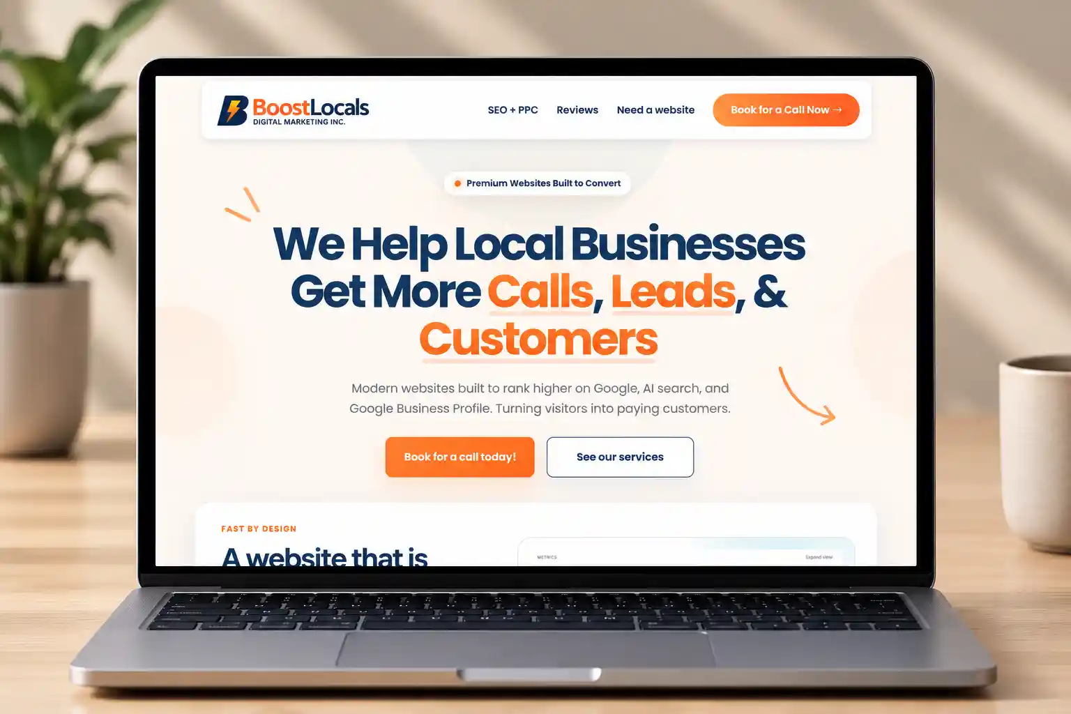BoostLocals marketing website shown on a laptop